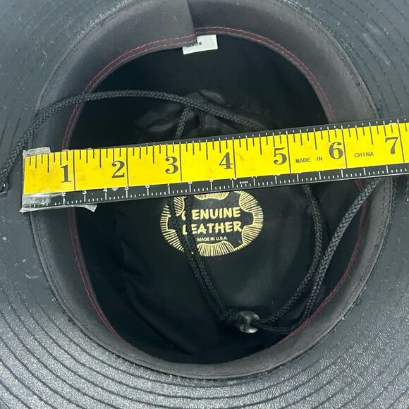 Vintage Fedora Hat Women's Size Med Color Black Leather USA Attached chin strap - Picture 9 of 11